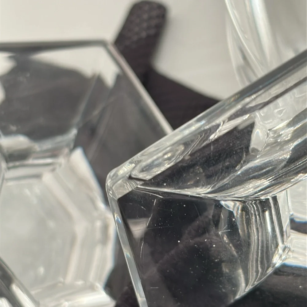 Tiffany and Co Richmond clear crystal etched logo hexagon base candle sticks